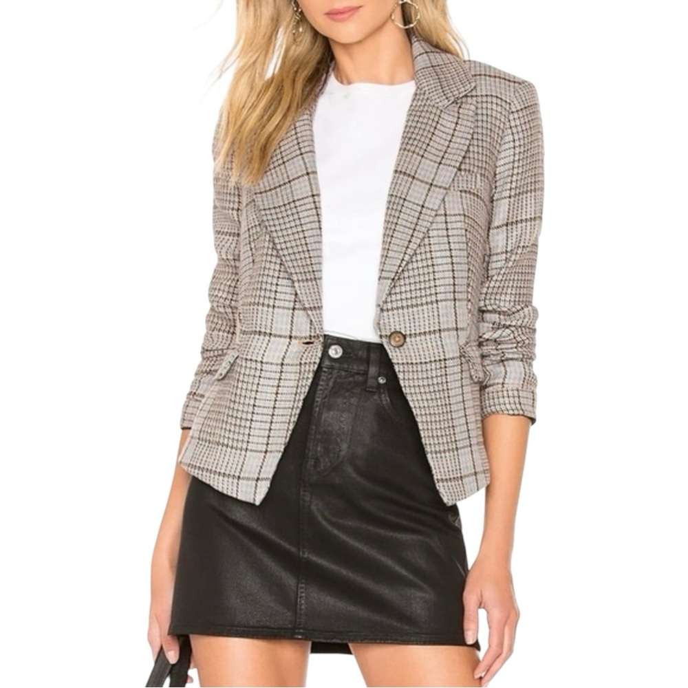 FREE PEOPLE Chess Blazer Jacket Linen-Blend Plaid Tweed Houndstooth Preppy Small